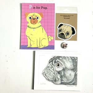 Pug puppy dog gift set sticker art print fine art drawing & pin button
